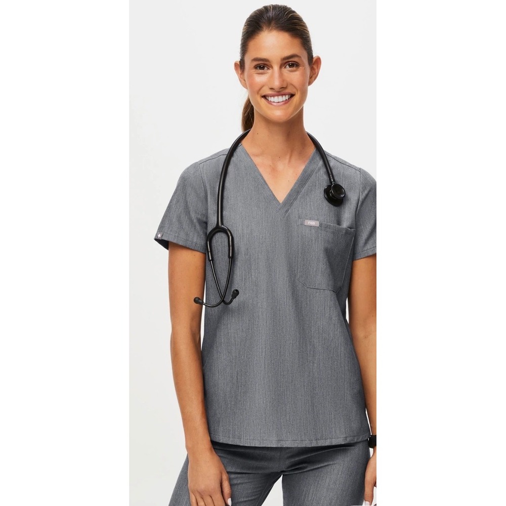 FIGS V-Neck Scrub Top Womens Medium Heather Charcoal Grey FW1000 Pocket